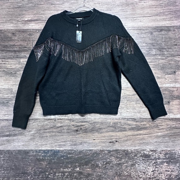 Express Black Crew Neck Sweater with Fringe Detail - Picture 1 of 8